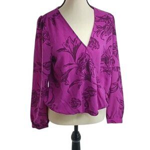 A New Day Womens Size S Purple Floral Wrap Blouse Long Sleeve V Neck Top